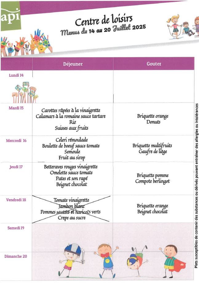 CLSH menu du 14 au 18 juillet