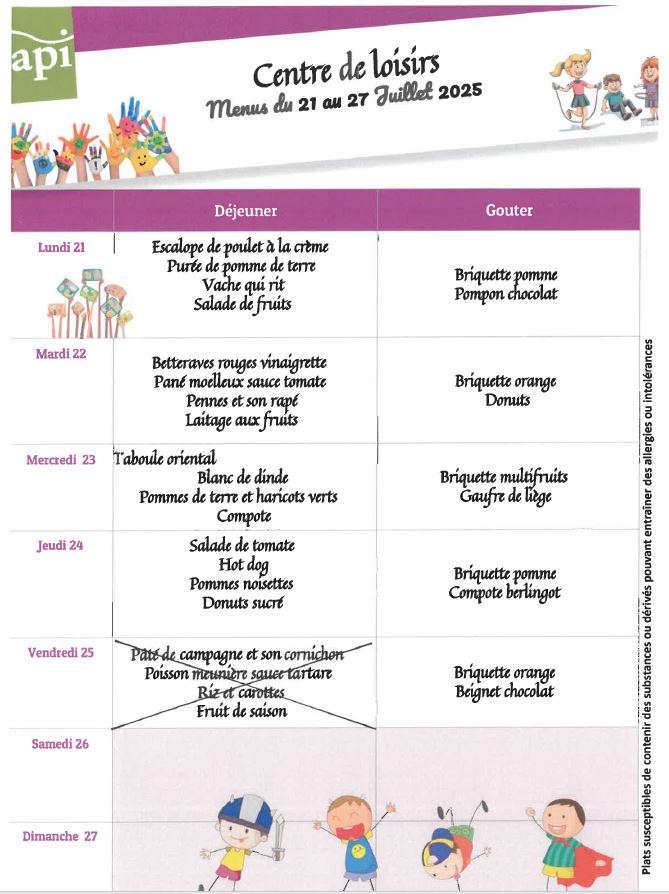 CLSH menu du 21 au 25 juillet