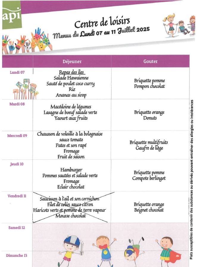 CLSH menu du 7 au 11 juillet